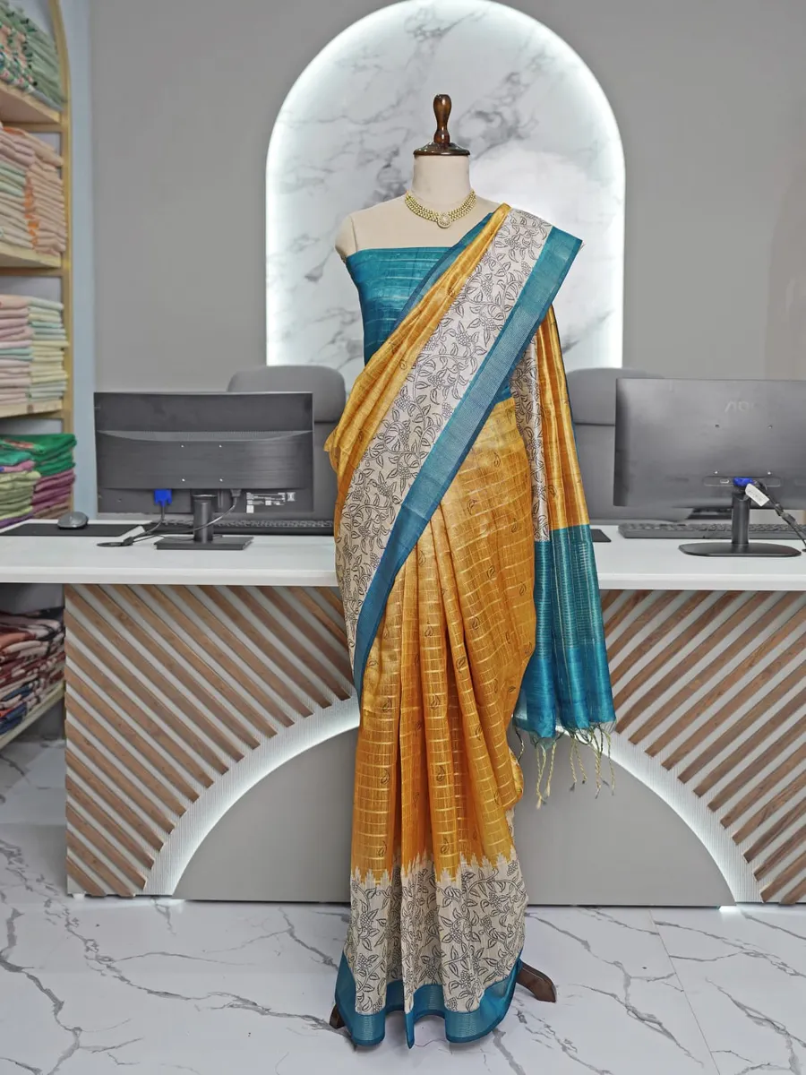 Elegant Semi Tussar Silk Saree with Artistic Prints & Trendy Checks – Includes Printed Blouse with Tassels